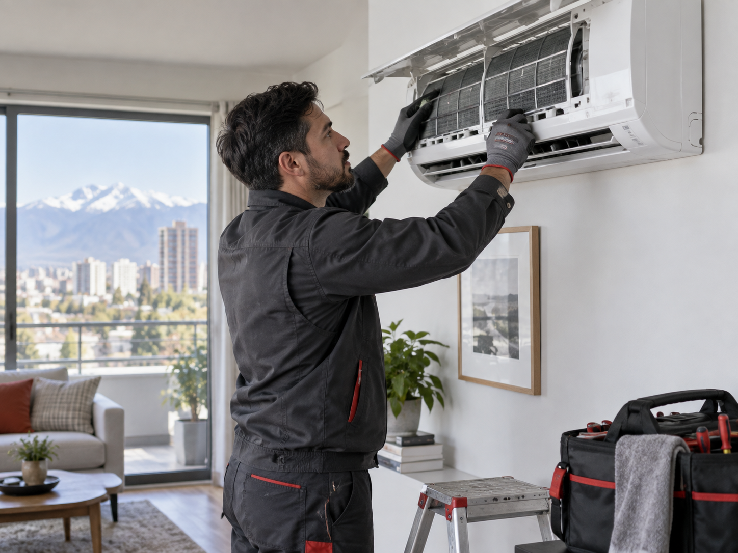 Técnico realizando mantención de un aire acondicionado
